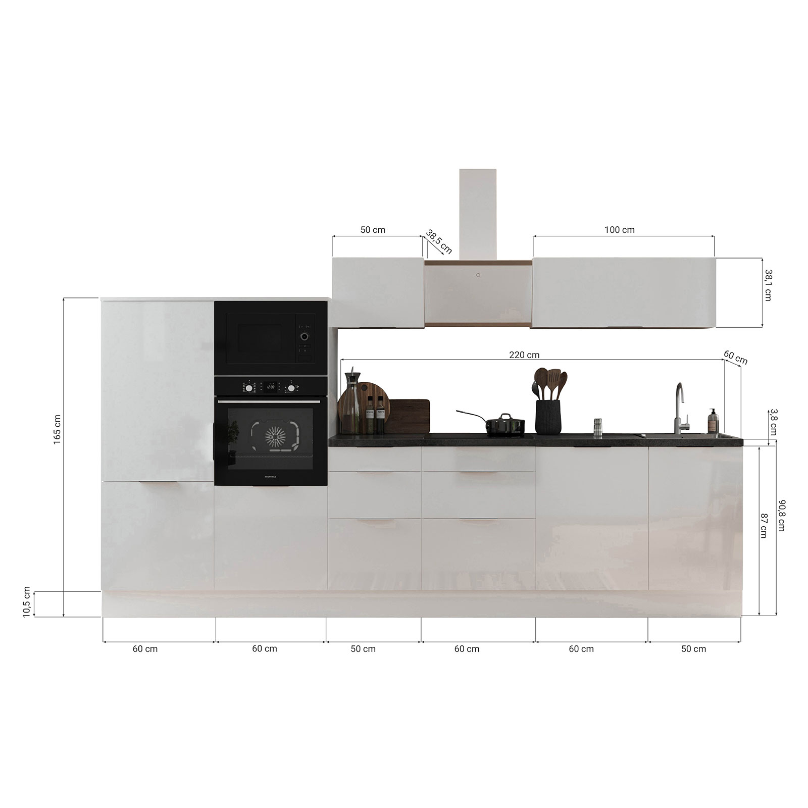 RESPEKTA Küchenblock - Artisan Eiche -grau matt - mit E-Geräten - 340 cm