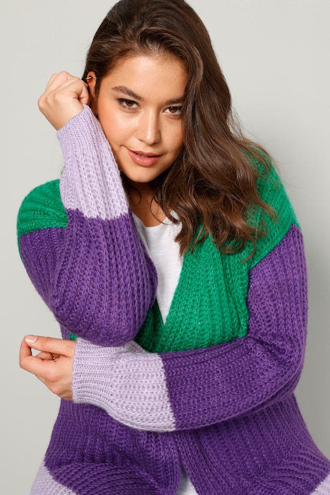 Long-Strickjacke, oversized, Blockstreifen, offene Form, Langarm