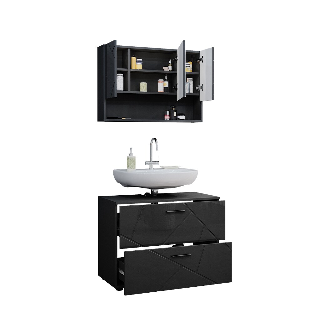 Vicco Badmöbelset Irma Anthrazit Hochglanz modern 80 cm Badezimmerschrank Badschrank Badezimmermöbel Waschtischunterschrank Spiegelschrank Schranktür Schrankfach Schrankschublade Ablage Aufbewahrung