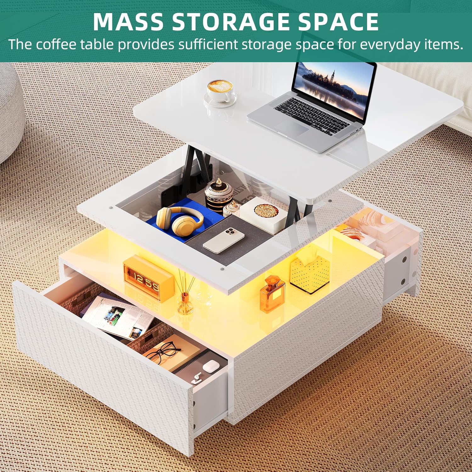 YITAHOME Couchtisch Höhenverstellbar mit LED Beleuchtung Modern, 60x60x45cm, Wohnzimmertisch Hochglanz mit Offenem Ausstellungsregal und 2 Schubladen