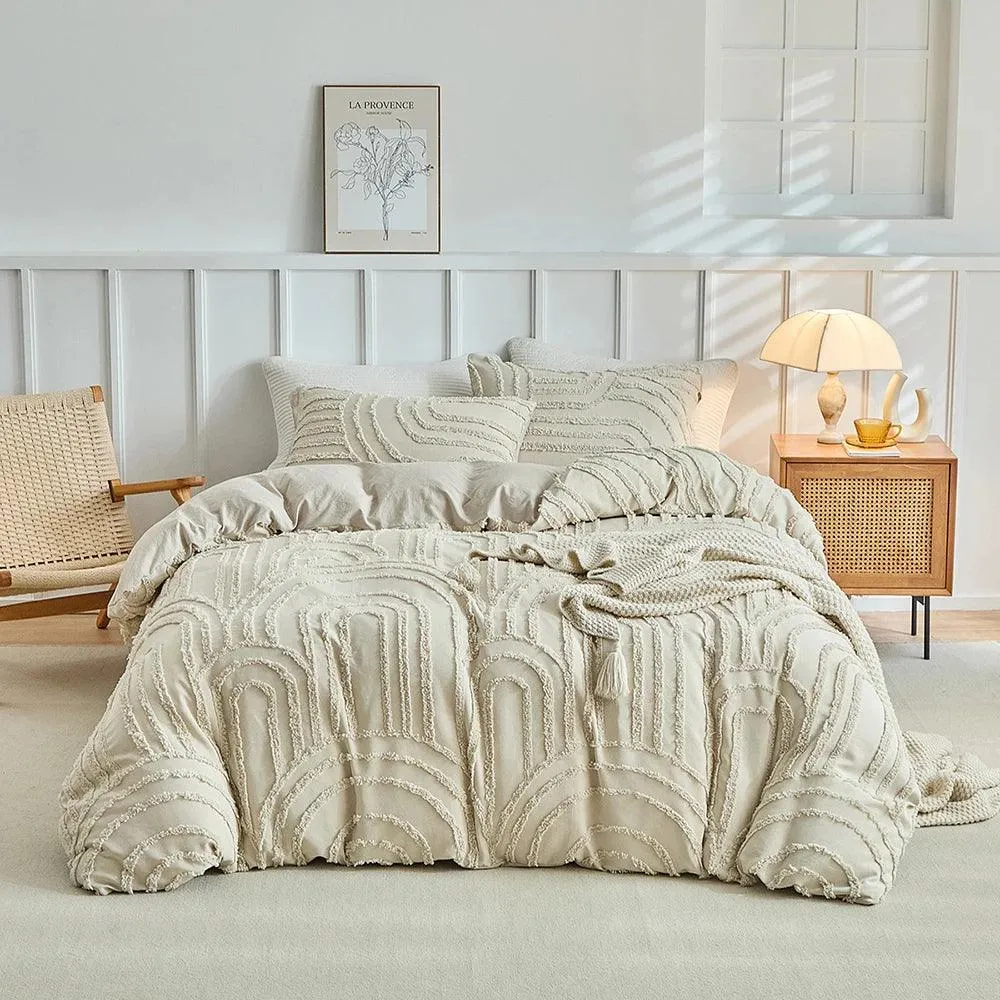 Modern Boho Cut flower Tufted Bedding Set | Light Beige Soft Bed Duvet cover Pillow case