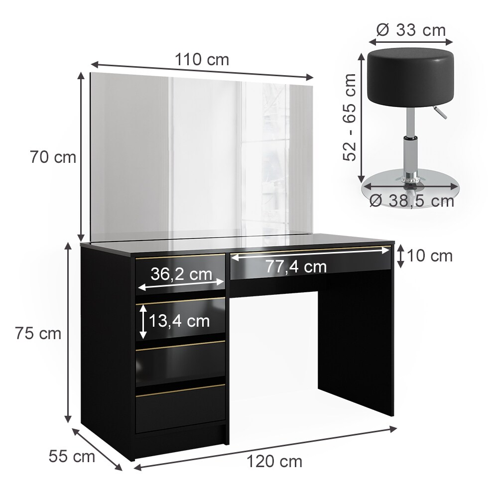 Vicco Schminktisch Sherry Schwarz Hochglanz Gold 120 x 75 cm 5 Schubladen LED-Spiegel Hocker