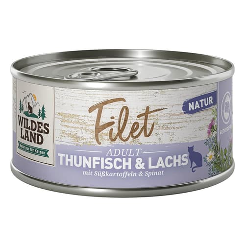 Wildes Land Filet Thunfisch & Lachs mit Süßkartoffeln & Spinat 80g
