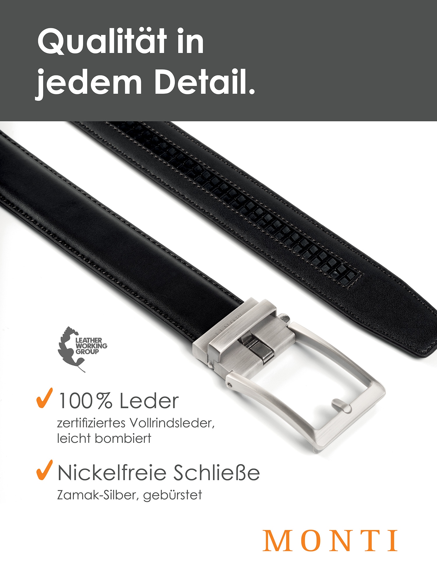 MONTI Ledergürtel 3,5 cm breit, Klassisch-Business, Automatikschliesse - Passt immer