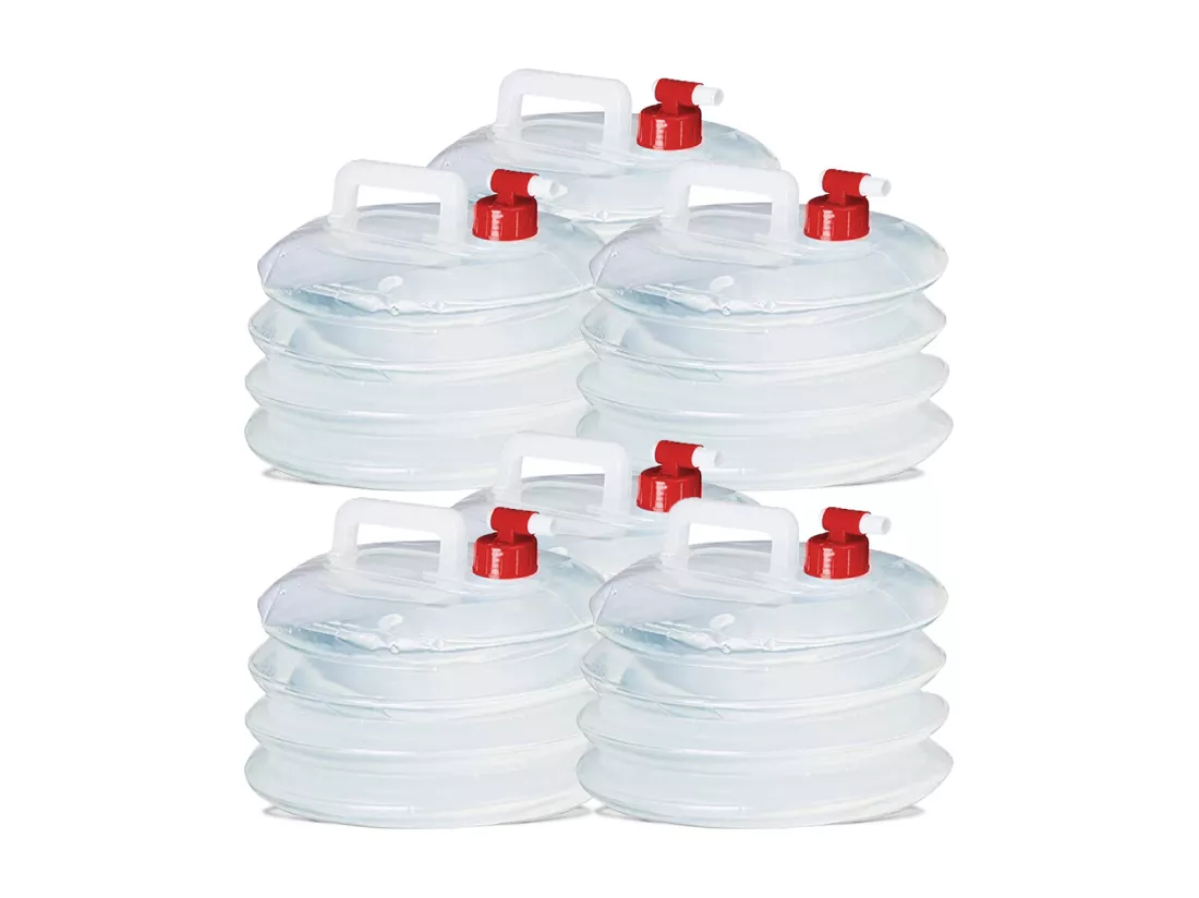 Lot de 6 jerrican à eau avec robinet 5 L, bidon d'eau pliable transparent, conteneurs à eau de camping , bouteille d'eau potable - Longueur 25.5 x Hauteur 22.5 cm