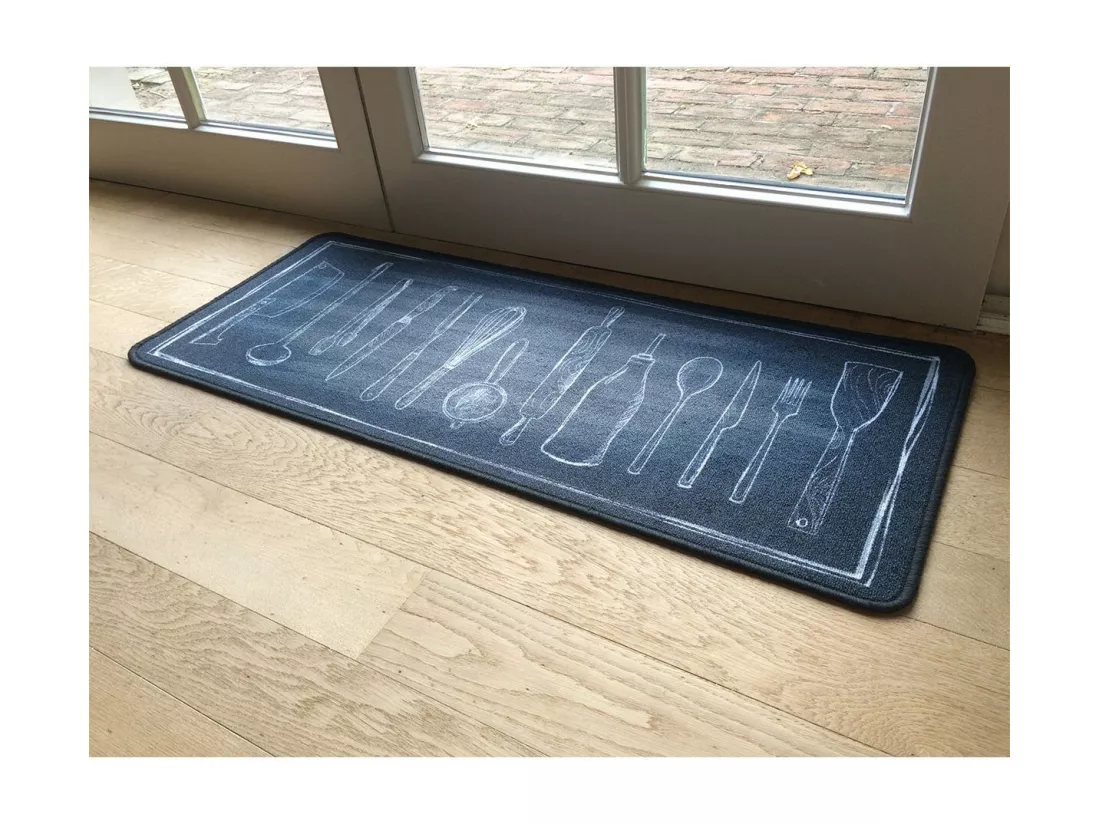 Tapis de cuisine noir motif couverts