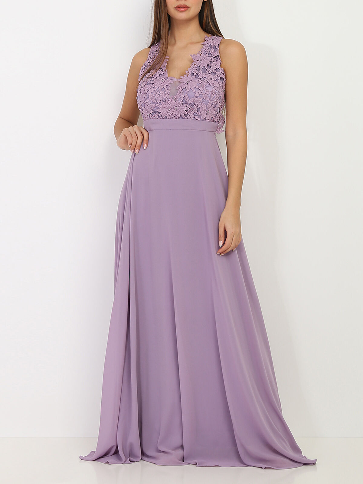 Robe longue à broderies fleuries- Violet clair
