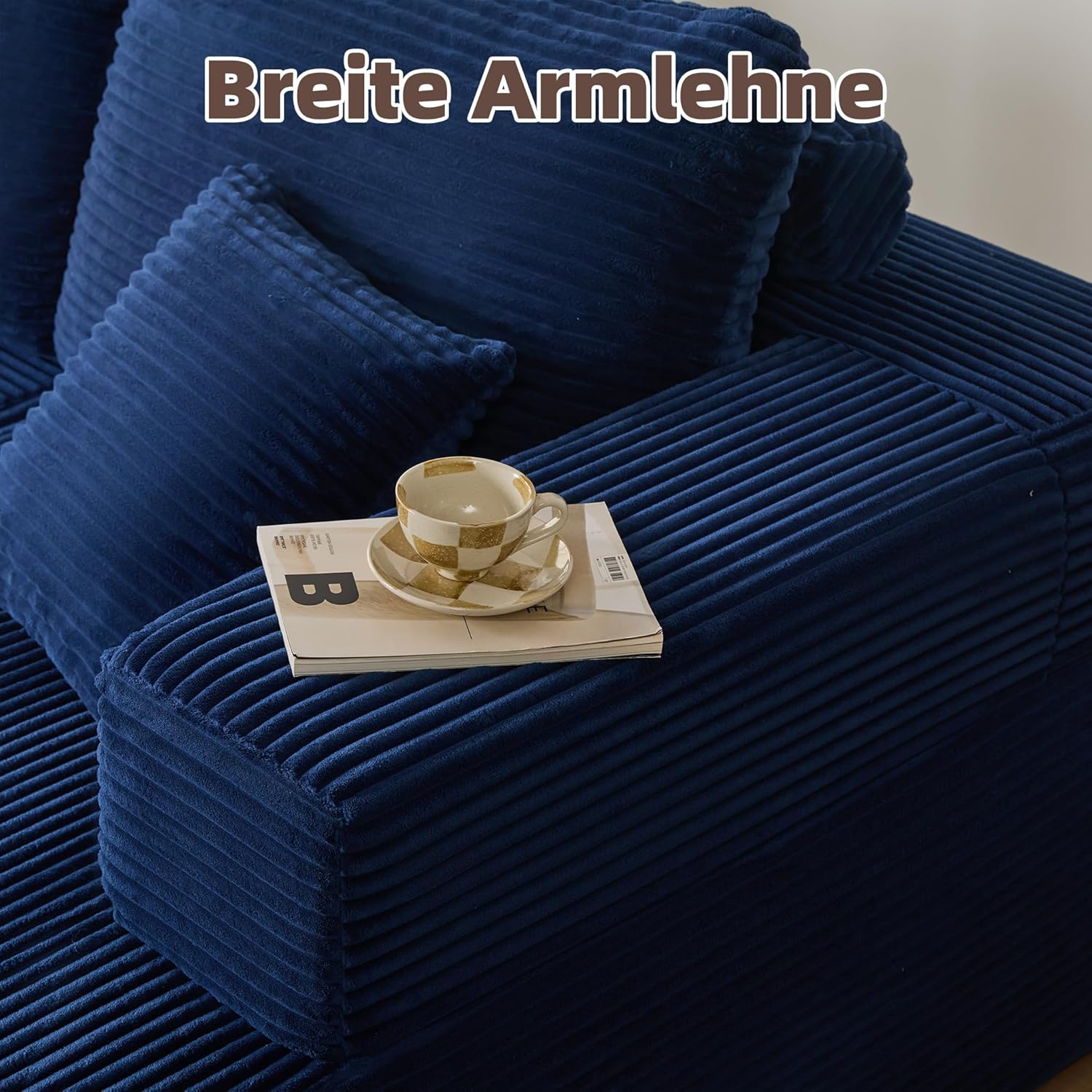 Modulares L-förmiges Ecksofa mit Schlaffunktion – rahmenloses Schlafsofa mit Chaiselongue rechts, extra tiefer Sitzfläche, montagefrei, für Wohnzimmer,Navyblau