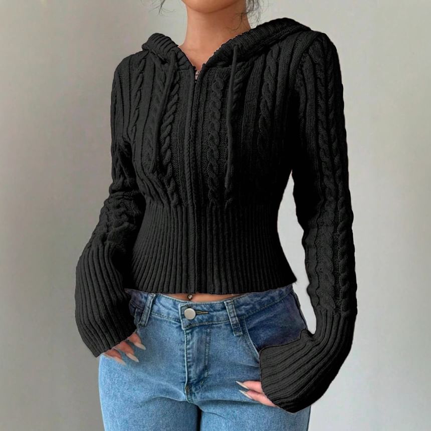 Genrovia - Effen kabelgebreide cropped cardigan met trekkoord en rits