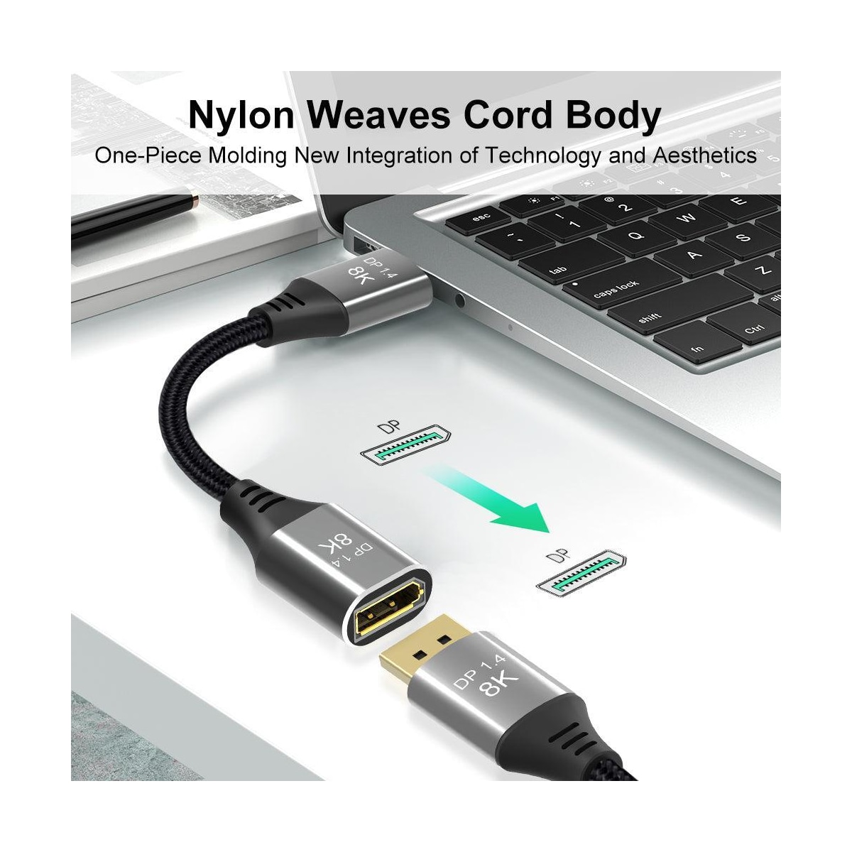NÖRDIC 50 cm Displayport 1.4 skjøtekabel UHD 8K60Hz 4K144Hz 32.4Gbps 10-bit HDR