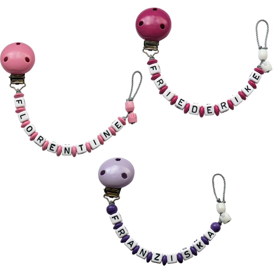 Schnullireich Schnullerkette mit Namen bis 10 Buchstaben Lange Namen Rosa