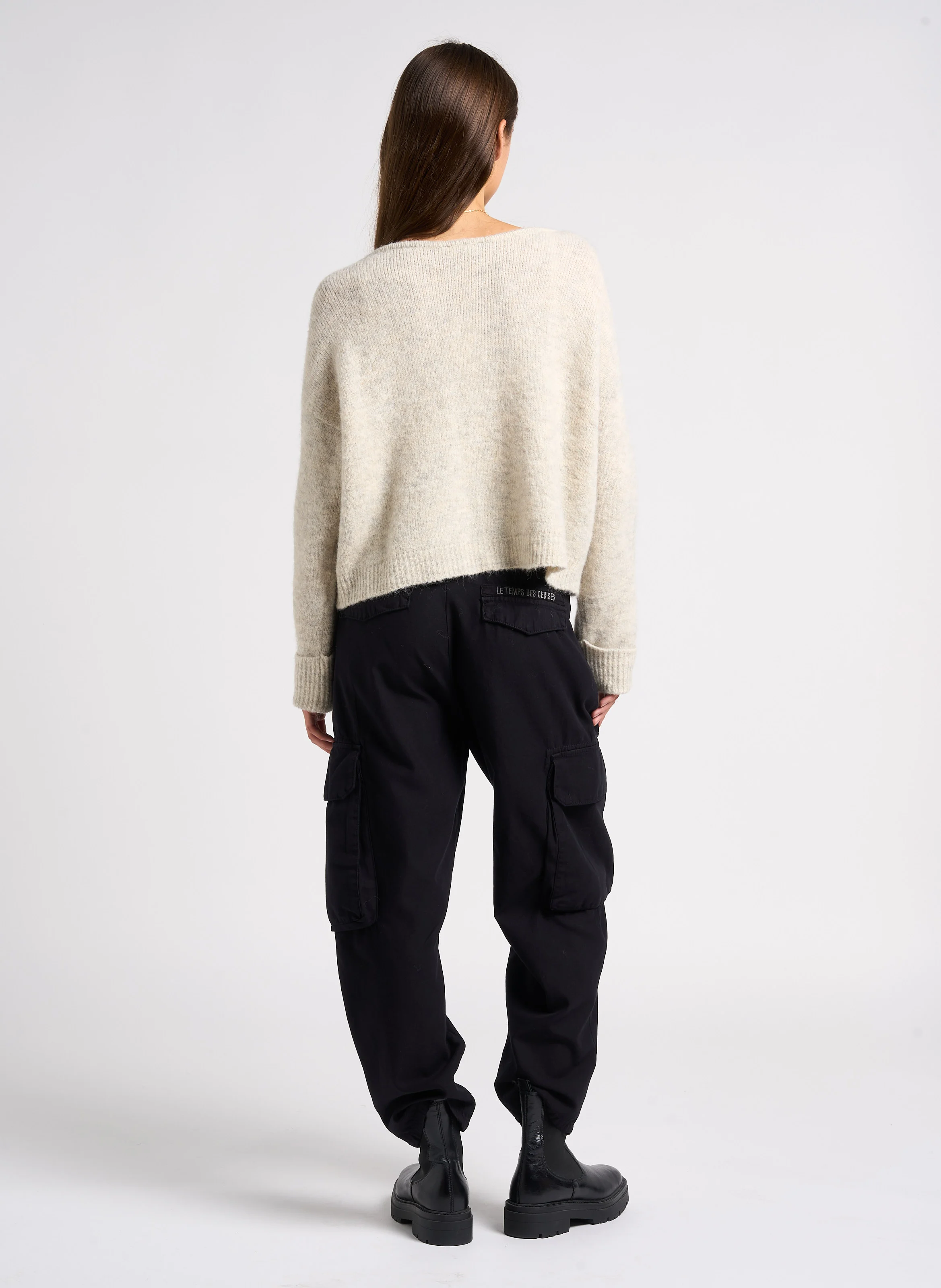 AMBROISE - Pantalon treillis taille haute en coton | Noir