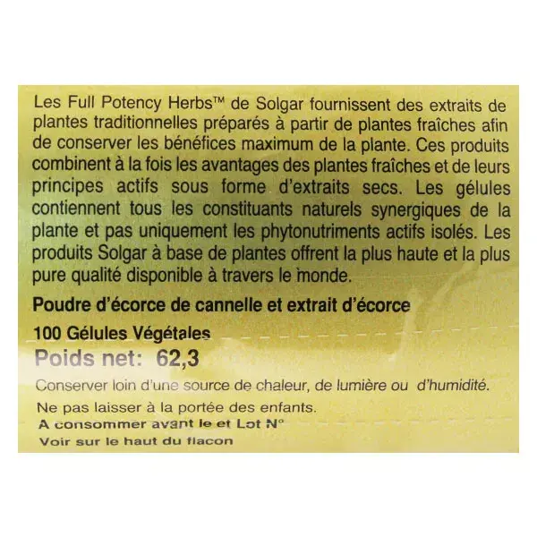 Cápsulas Vegetais de Canela Solgar, 100 unidades