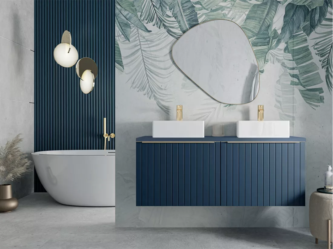 Meuble sous vasque suspendu strié bleu - 120 cm - JOSEPHA