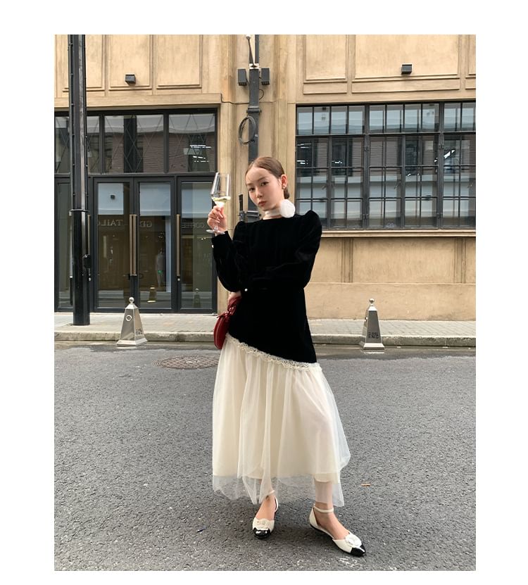 Hazie - Midi-jurk met lange mouwen en mesh fluwelen paneel