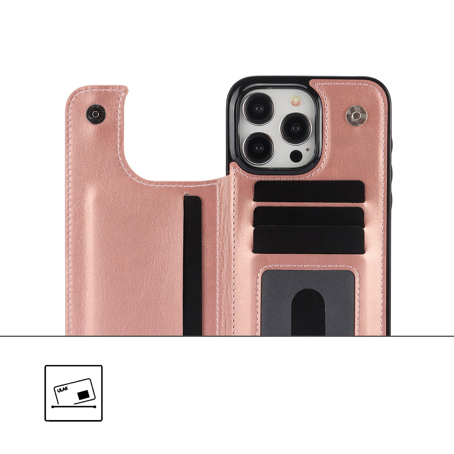 iPhone 15 Pro Hybrid Leder Hülle mit Kartenfach   Kickstand Aufsteller - Roségold