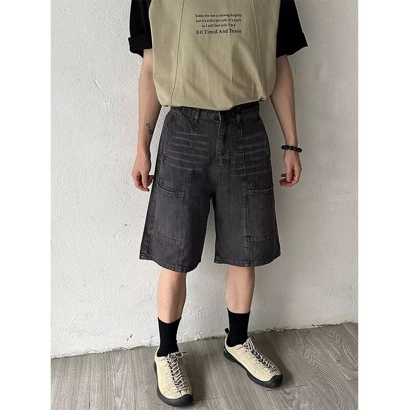 Double White - Mid Rise Washed Panel Denim Shorts