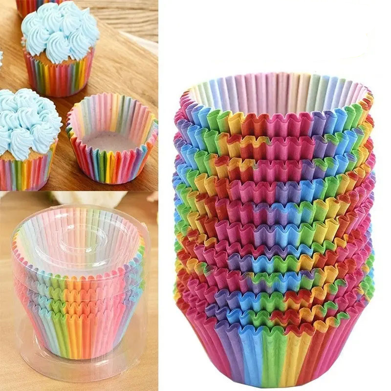(100er Set) Einweg Papier Cupcake Förmchen Rainbow Muffin Form Backform - Regenbogen