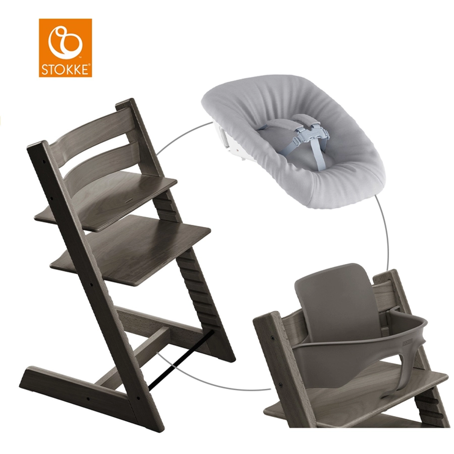 STOKKE® Mega Tripp Trapp® Set Hochstuhl Buche Hazy Grey inkl. Newborn Set™ Grey und Baby Set Hazy Grey