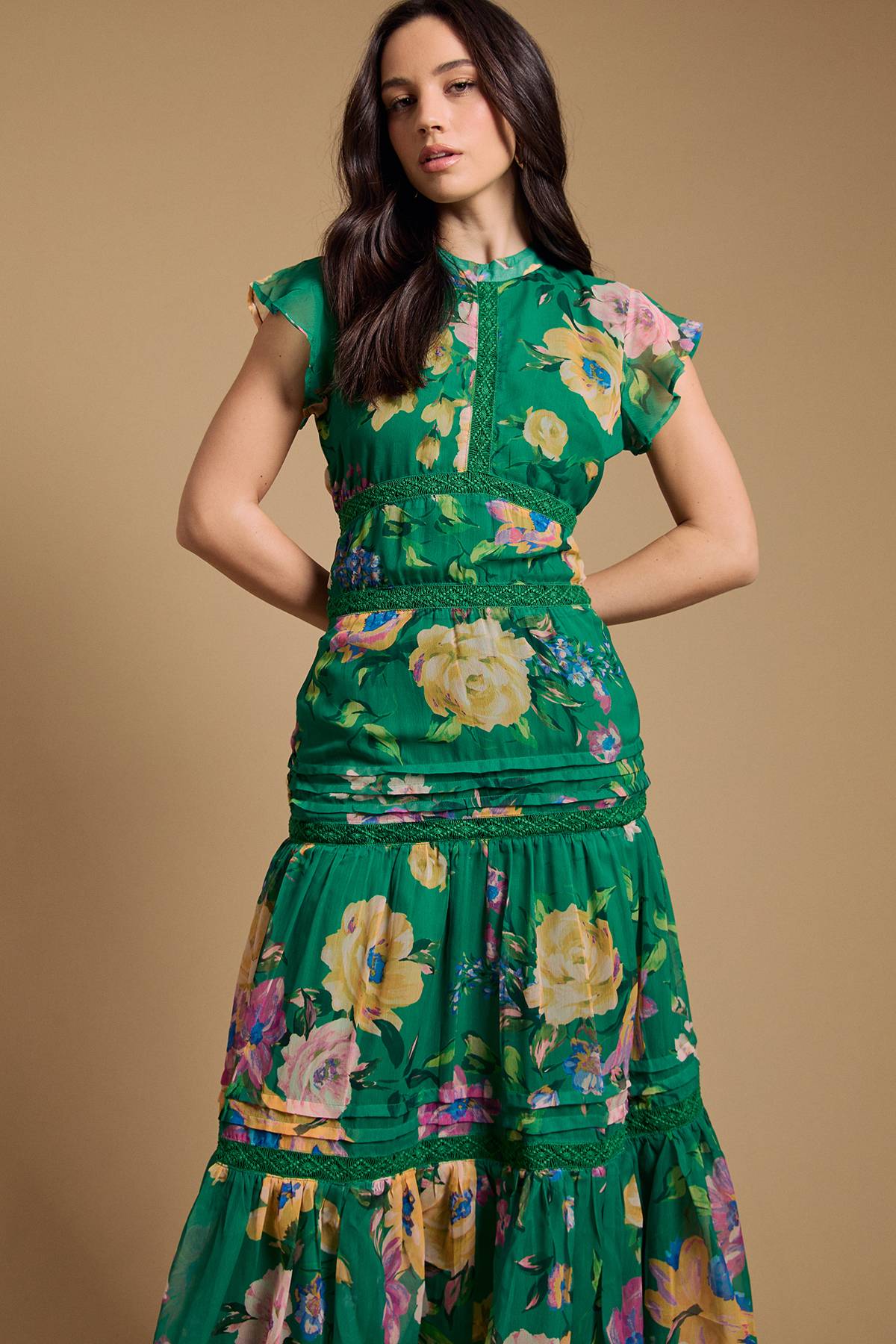 Oasis Robe En Mousseline À Imprimé Floral Avec Insertion De Dentelle