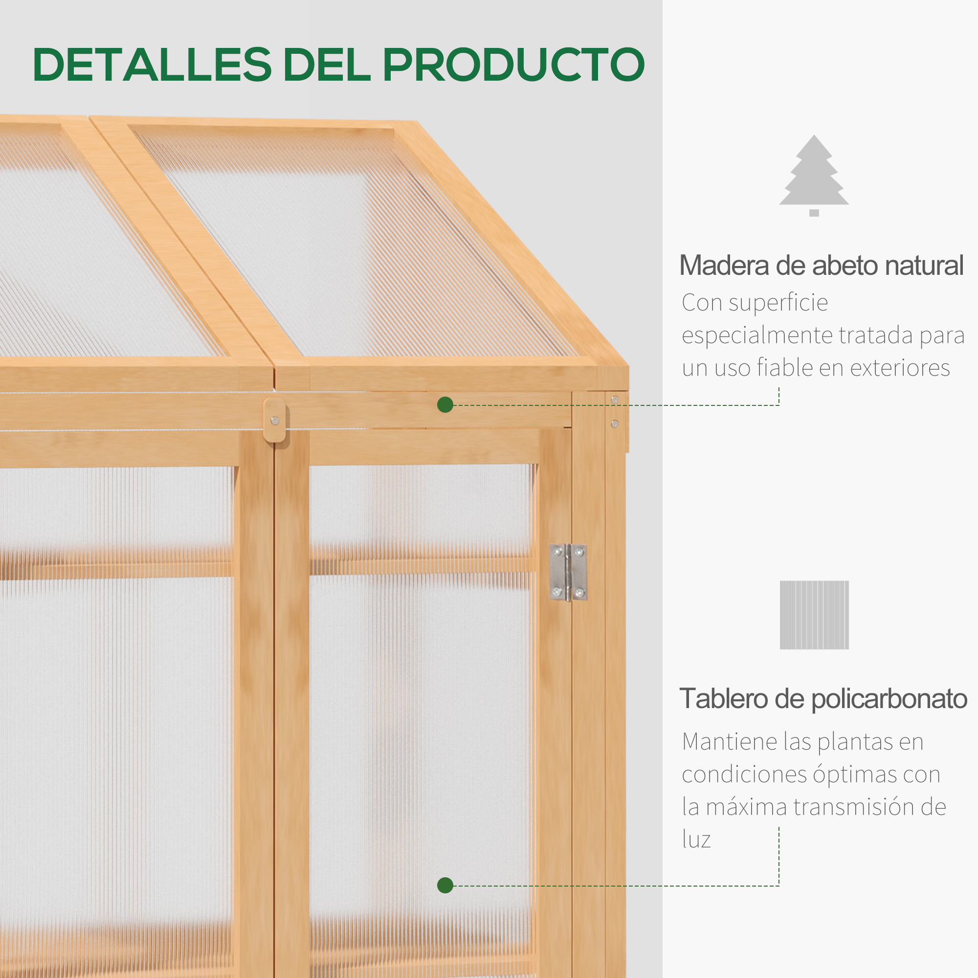 Estufa de madeira Outsunny com painéis de policarbonato, estufa de jardim, viveiro doméstico com tampa articulada, 2 portas e 3 prateleiras para cultivo de plantas e flores em terraços ou pátios, 70x50x120 cm, cor natural.