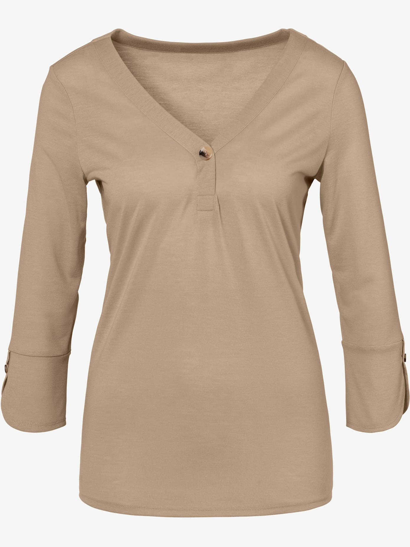 T-shirt à manches 3/4 col v, grand bouton imitation corne