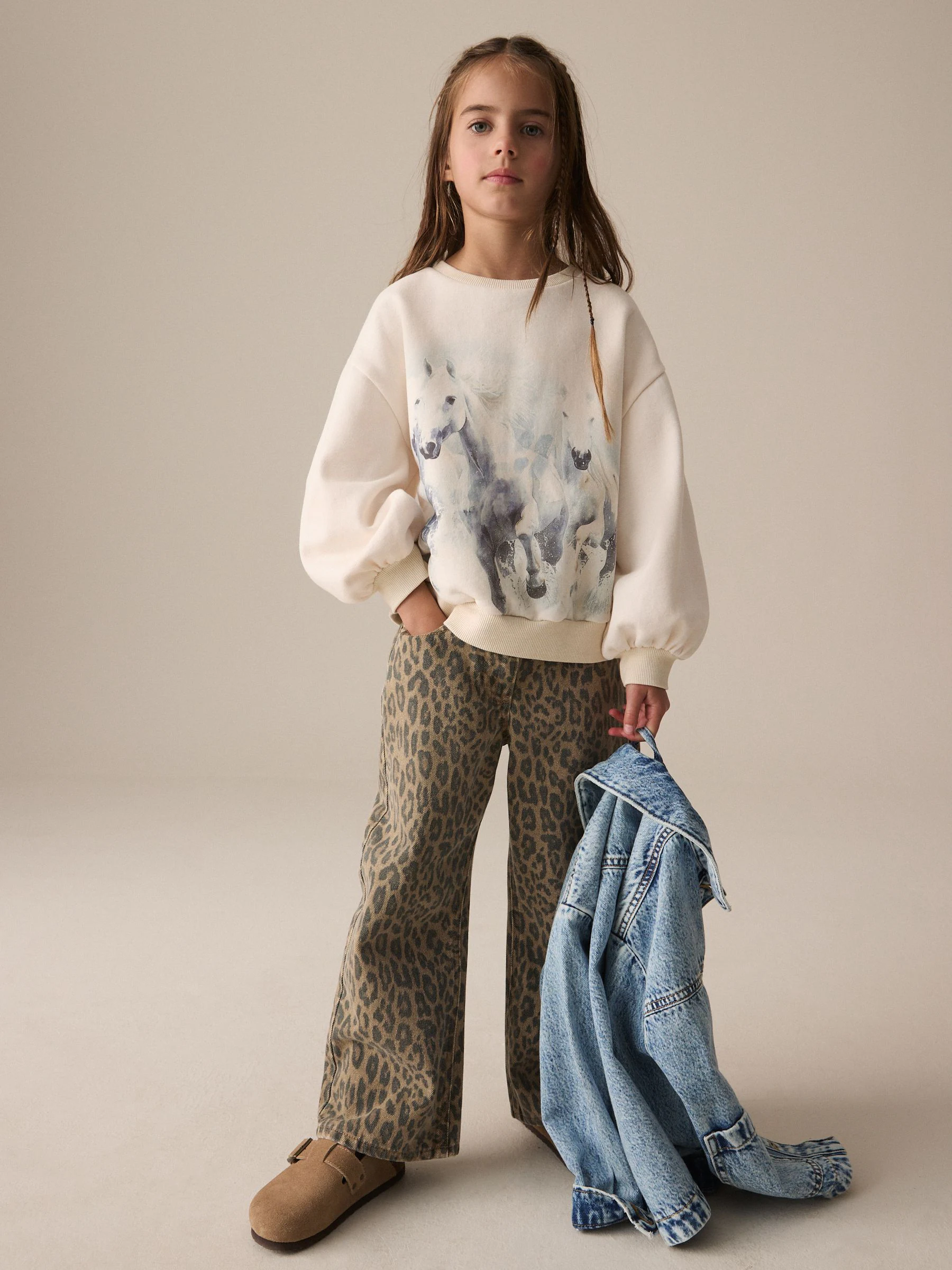 Ecru met paardenprint - Sweatshirt (3 - 16 jr)