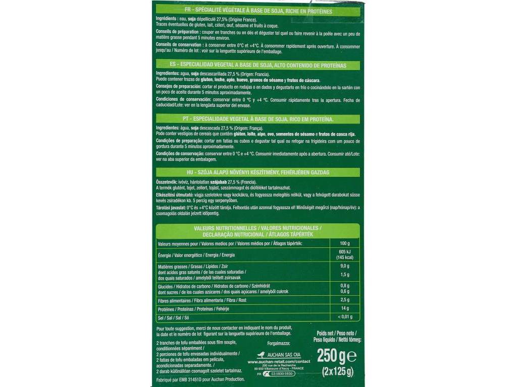 TOFU NATURE AUCHAN VEGGIE 250G