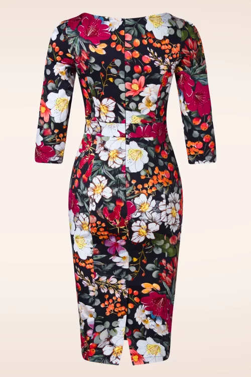 Hearts & Roses Delilah Flower pencil jurk in marineblauw en multi