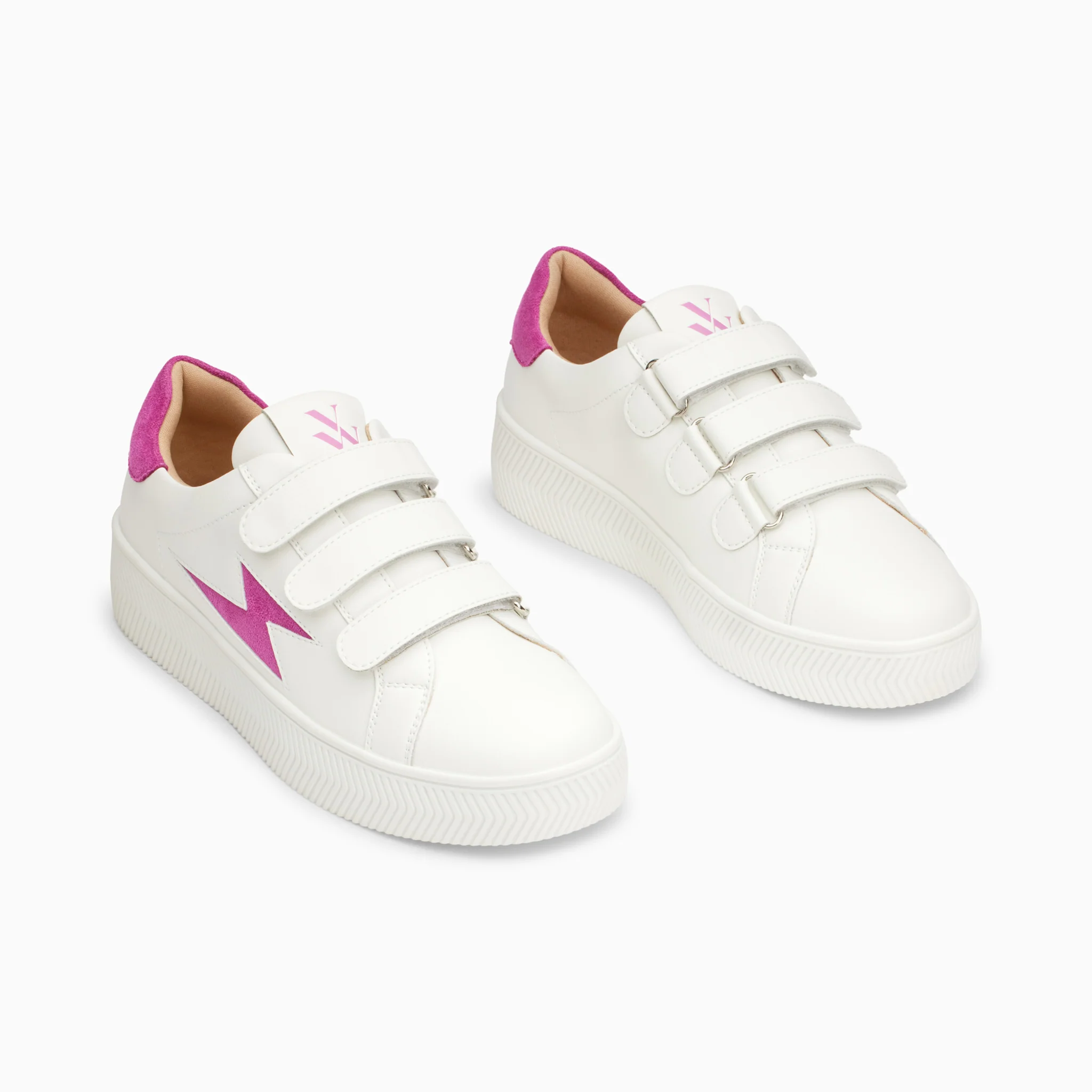 Sneakers-Baskets éclair Camelia blanc et magenta à scratchs