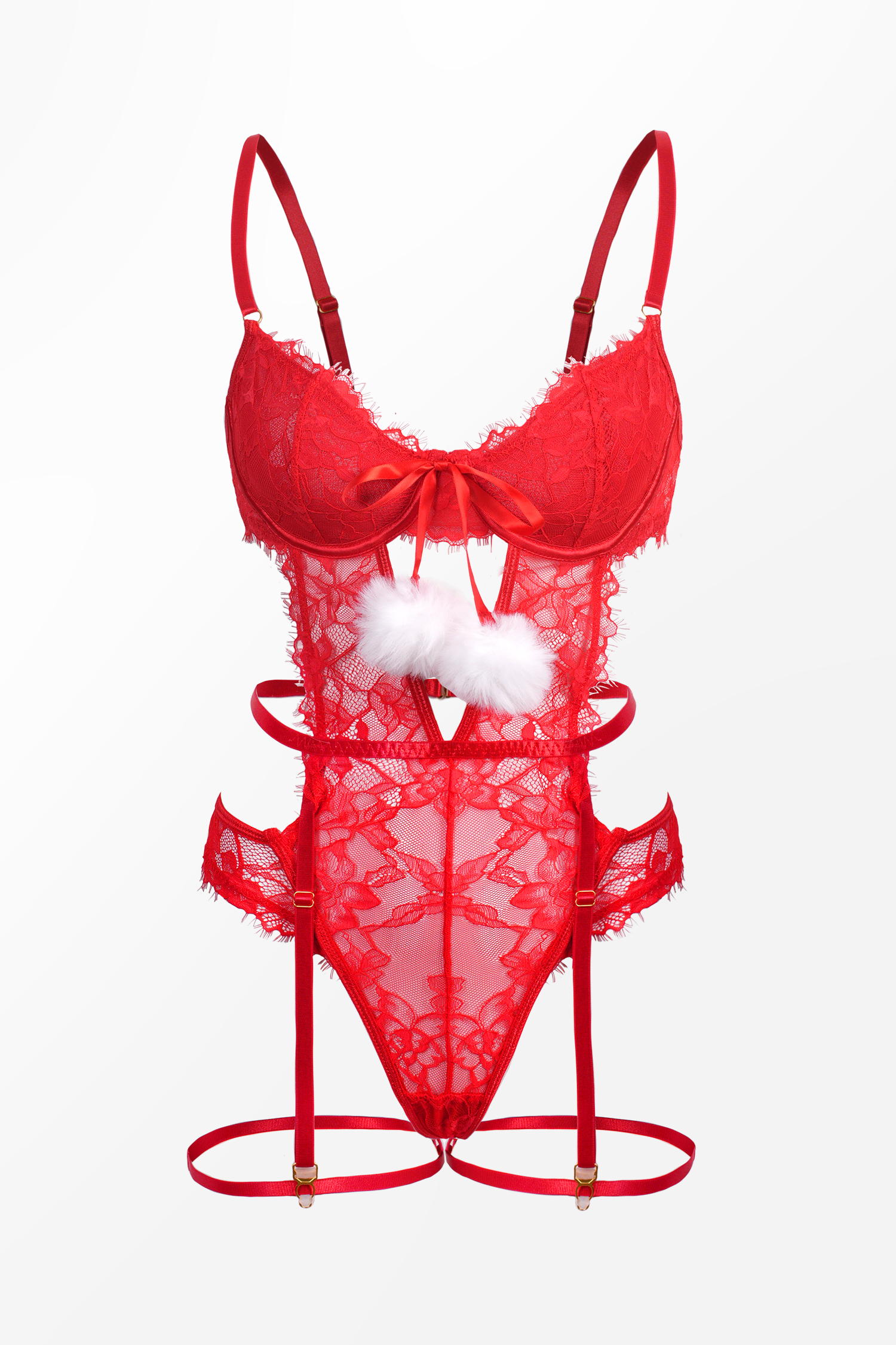 Body de lingerie découpé à pompons en dentelle rouge
