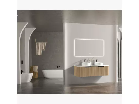 Meuble double vasque rond blanc mat 140 cm chêne clair Aquagiro
