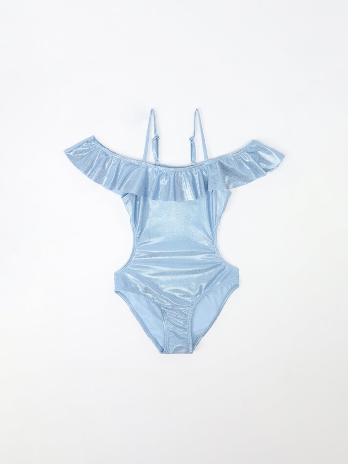 Conjunto de biquíni brilhante com babados e elástico de cabelo - Azul Marinho Escuro