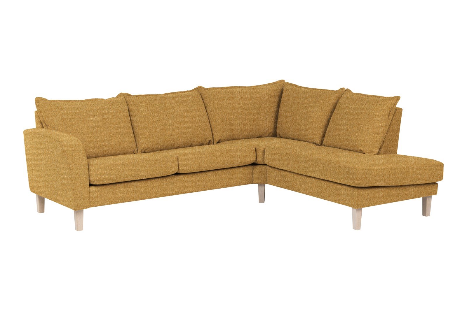 Slogen hjørnesofa Oppsett AH. 2,5-seter med åpen ende høyre. Tekstil Viva Golden med soft ryggpute. Vange A og hvitpigmentert ben 178.