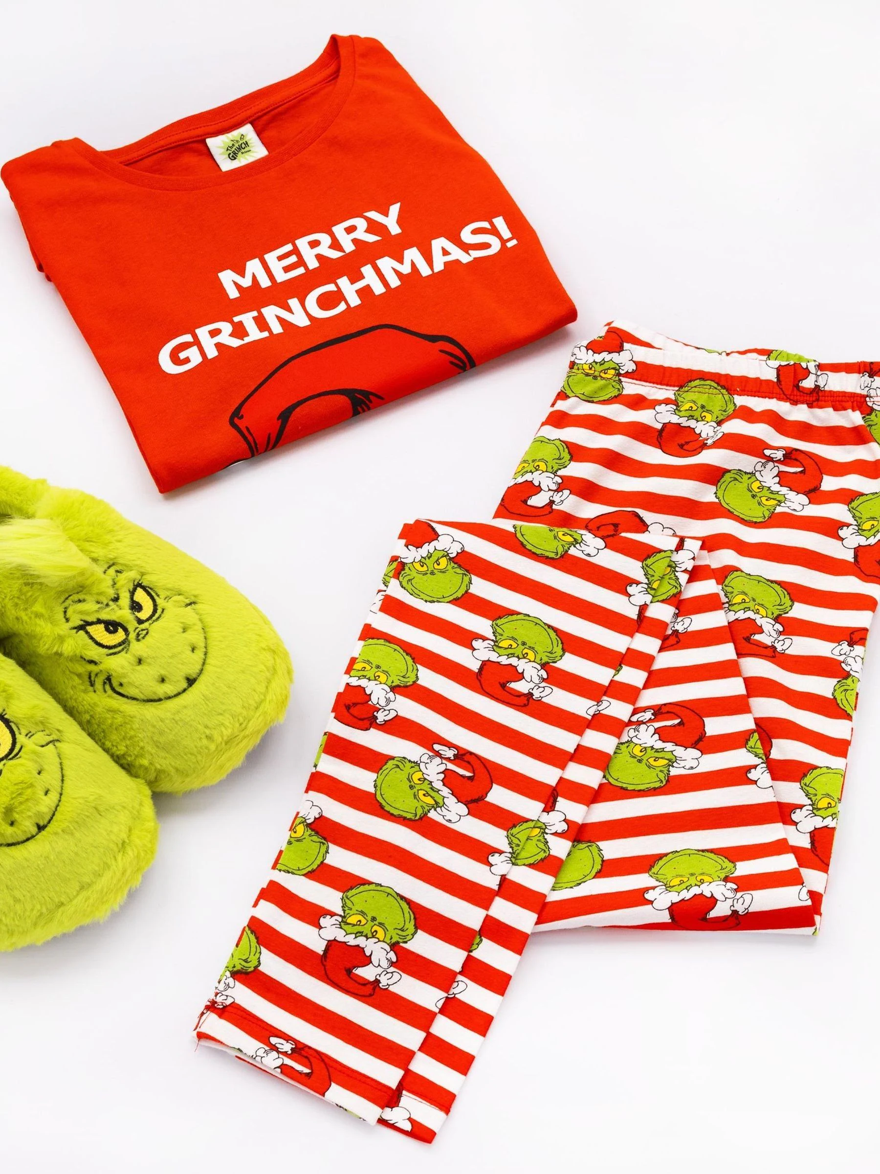 Rood met Grinch - Vanilla Underground 100% katoenen The Grinch Unisex pyjama met lange mouwen, lange pijpen en Merry Grinchmas-kerstslogan