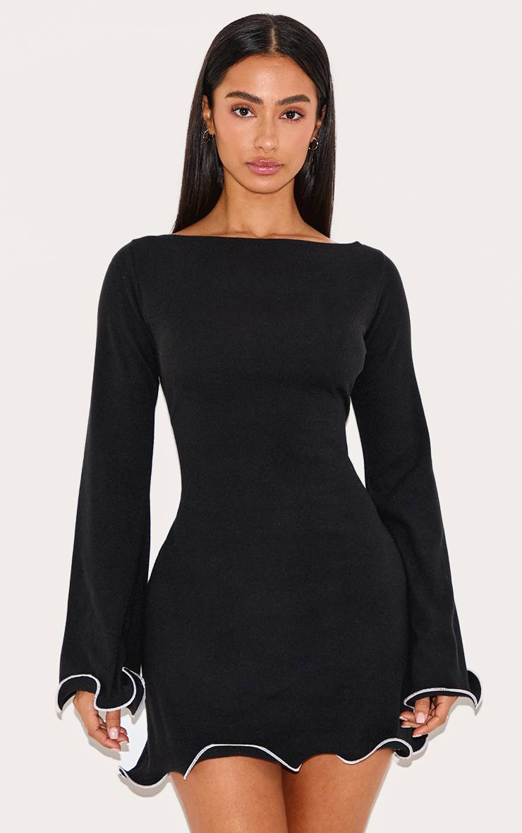 Noir Robe Mini Côtelée À Détails Contrastés Petite