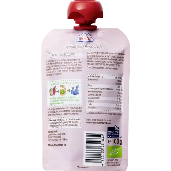 Bio Fruchtpüree Wassermelone, Erdbeer, Apfel, Birne, Cantaloupe-Melone und Reis
