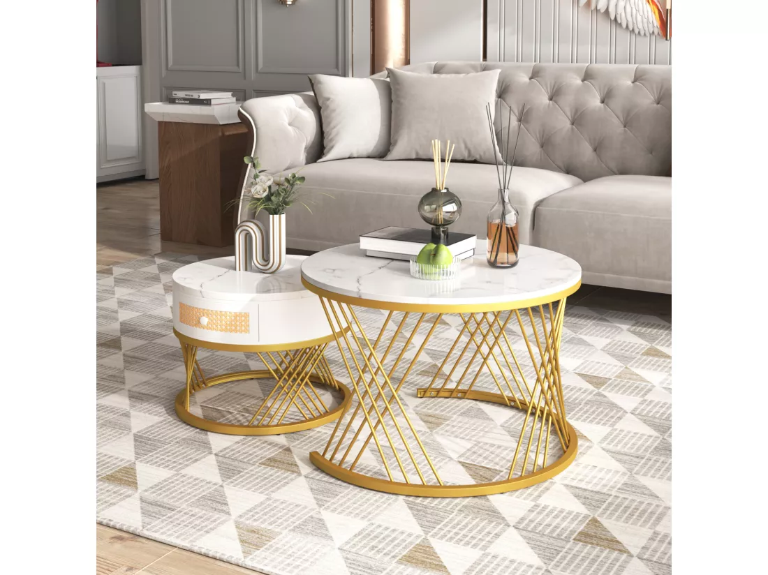 Lot de 2 table basse gigogne ronde, table d'appoint avec plateau en marbre et tiroirs en rotin, pieds en fer dorés - 70x70x45, 5+50x50x38, 5cm blanc