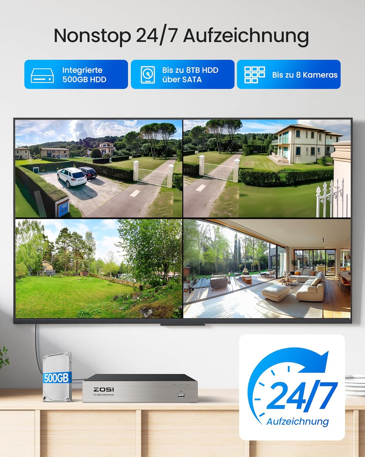 ZOSI 5MP Kabelgebunden Überwachungskamera Set mit Audio, 8CH 500GB DVR und 4X PTZ TVI Aussenkameras, Personen- und Fahrzeugerkennung, Audioaufnahme, IR Nachtsicht