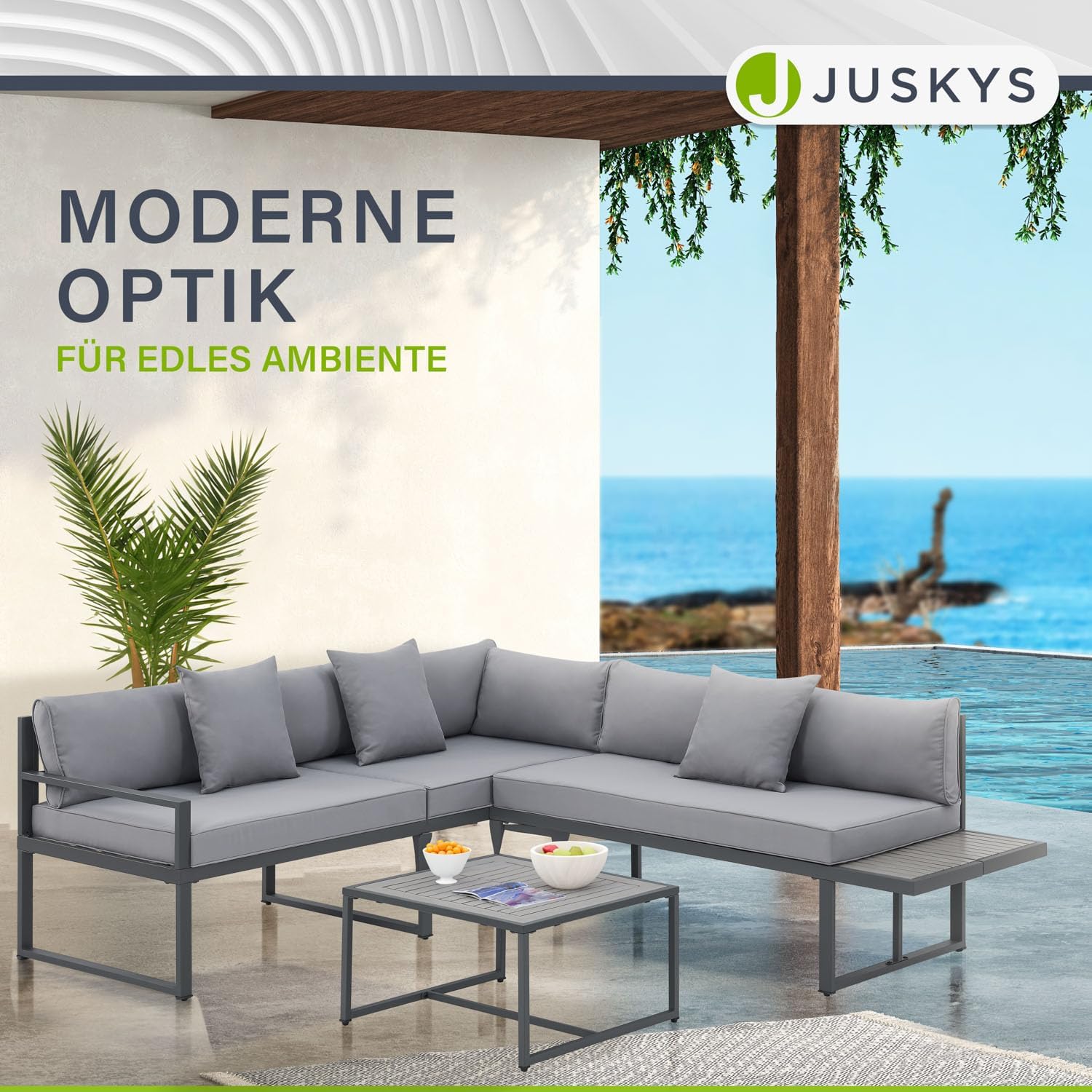 Juskys Gartenmöbel Lounge St. Tropez - 4 Personen Sitzecke - Set mit Tisch, Ecksofa & Kissen - Möbel für Balkon & Garten - Holz Balkonmöbel Grau