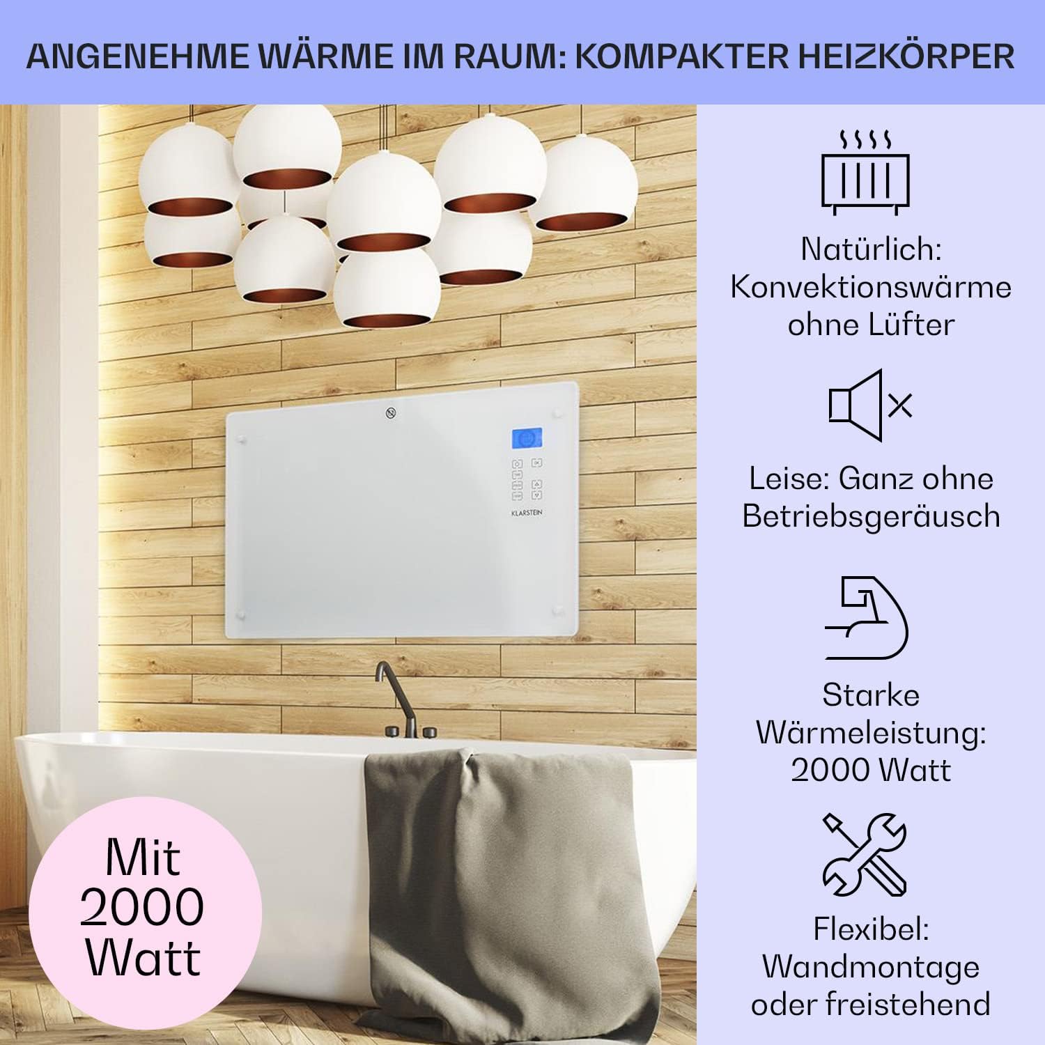 Klarstein Elektroheizung, Konvektor-Heizung mit, Mobile Elektroheizung Energiesparend, Leise Heizung Elektrisch, Standgerät Heizkörper Elektrisch mit Thermostat, 2000 W