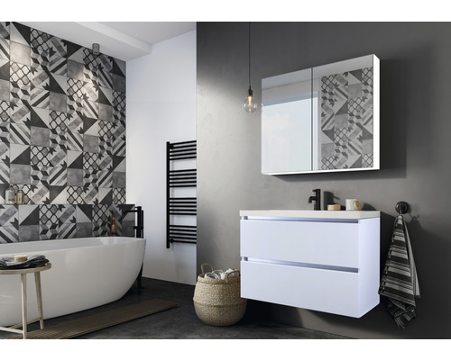 Vogue badkamermeubelset, 100 cm, met keramische wastafel, 2 kraangaten, wit hoogglans