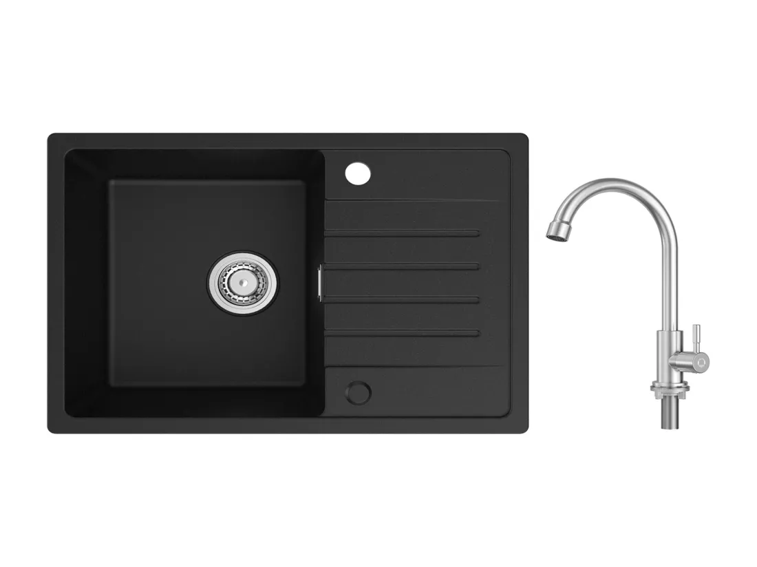 Evier 1 Bac en Quartz et Résine - Noir Evier avec Egouttoir 78x45cm + Robinet de Cuisine à eau Froide,Brossé