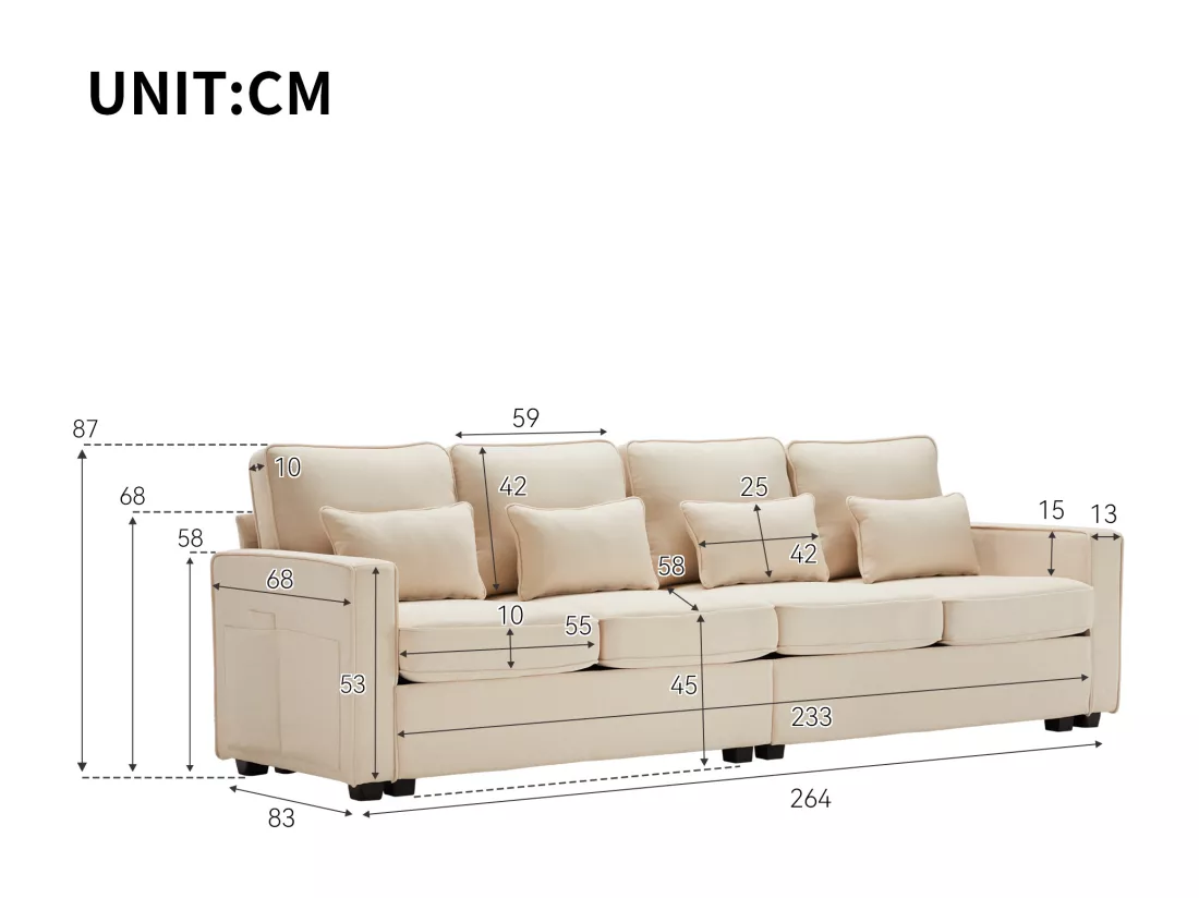 Canapé moderne 4 places en tissu lin, canapé 4 places avec poches d'accoudoir et 4 coussins, canapé minimaliste.