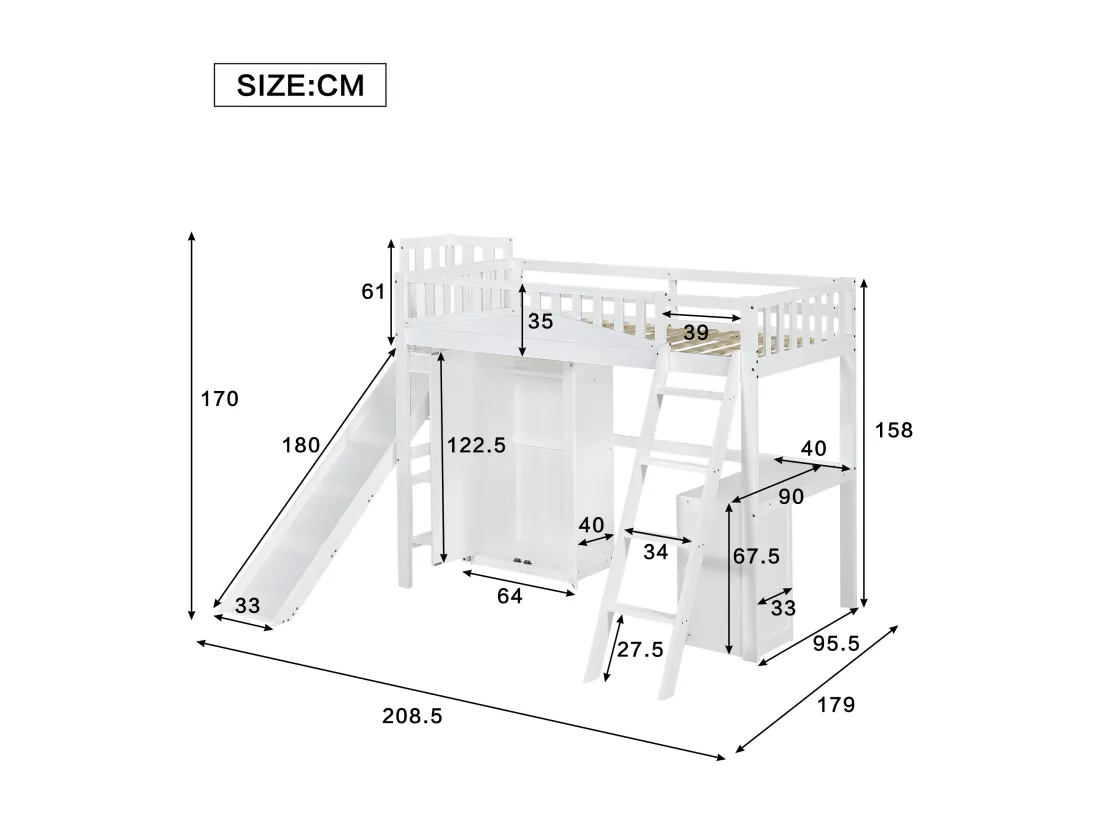 Lit mezzanine en bois 90x200 cm - avec bureau + armoire + toboggan - Blanc