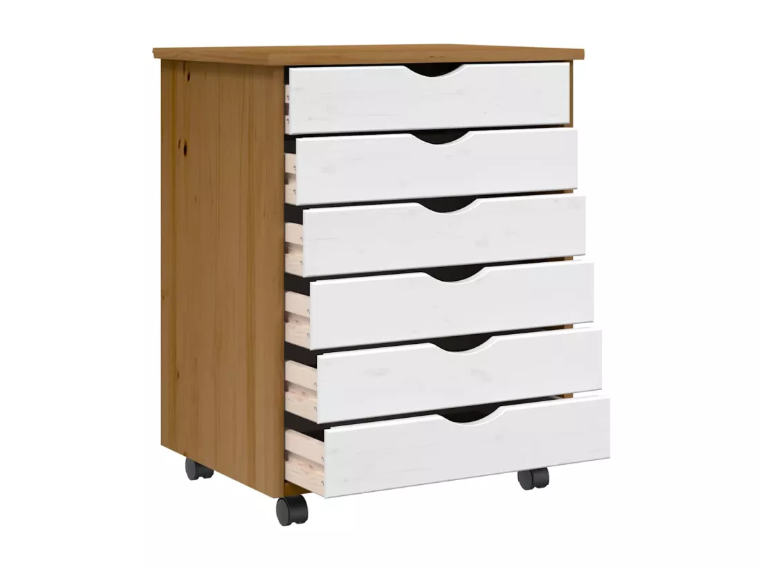 Armoire roulante avec tiroirs MOSS bois de pin marron miel