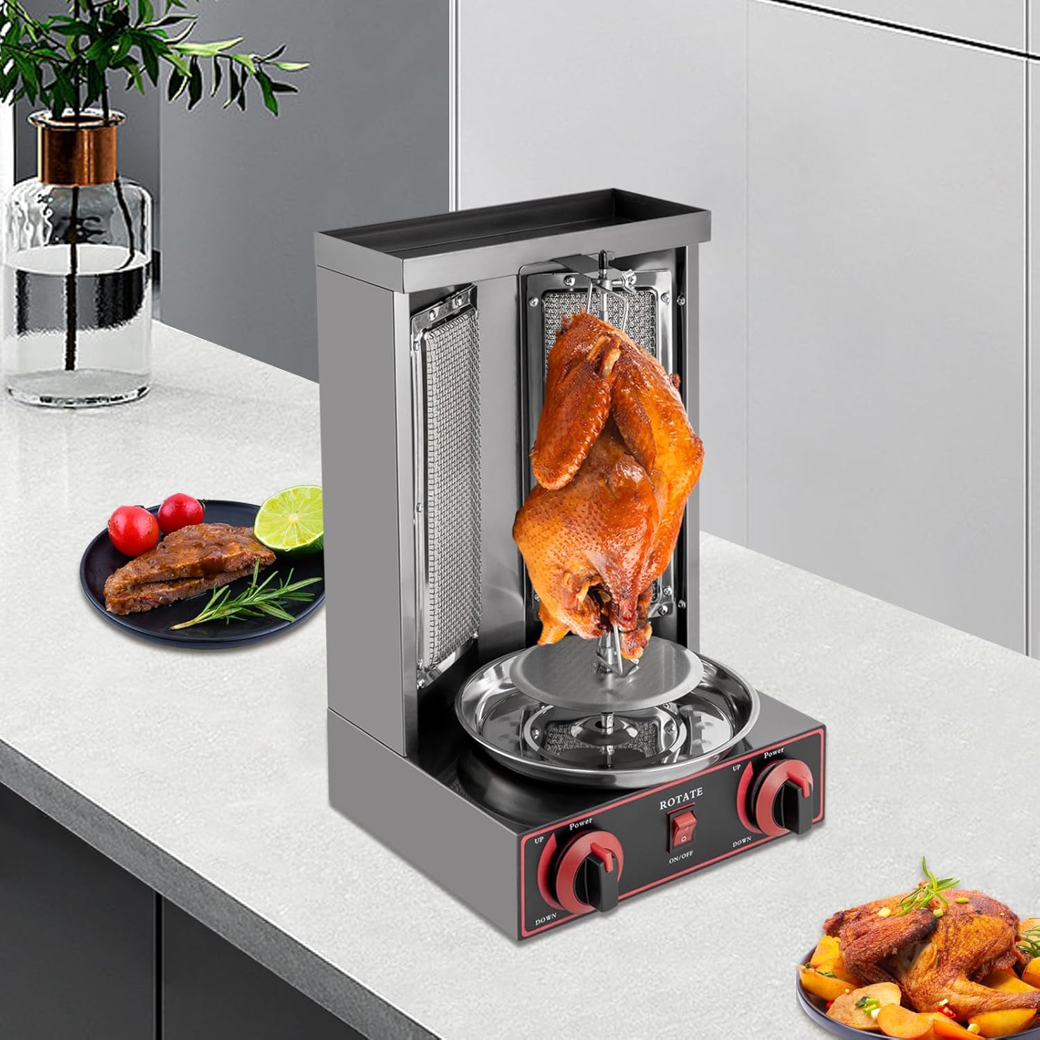 3000W Dönergrill Gas, 2 Brenner Gyros Grill für Zuhause Schaschlikgrill Rotissiere Hähnchengrill Gasgrill Steakgrill Hochleistungsgrill, LPG Vertikaler Broiler Döner Elektrische Tischgrills