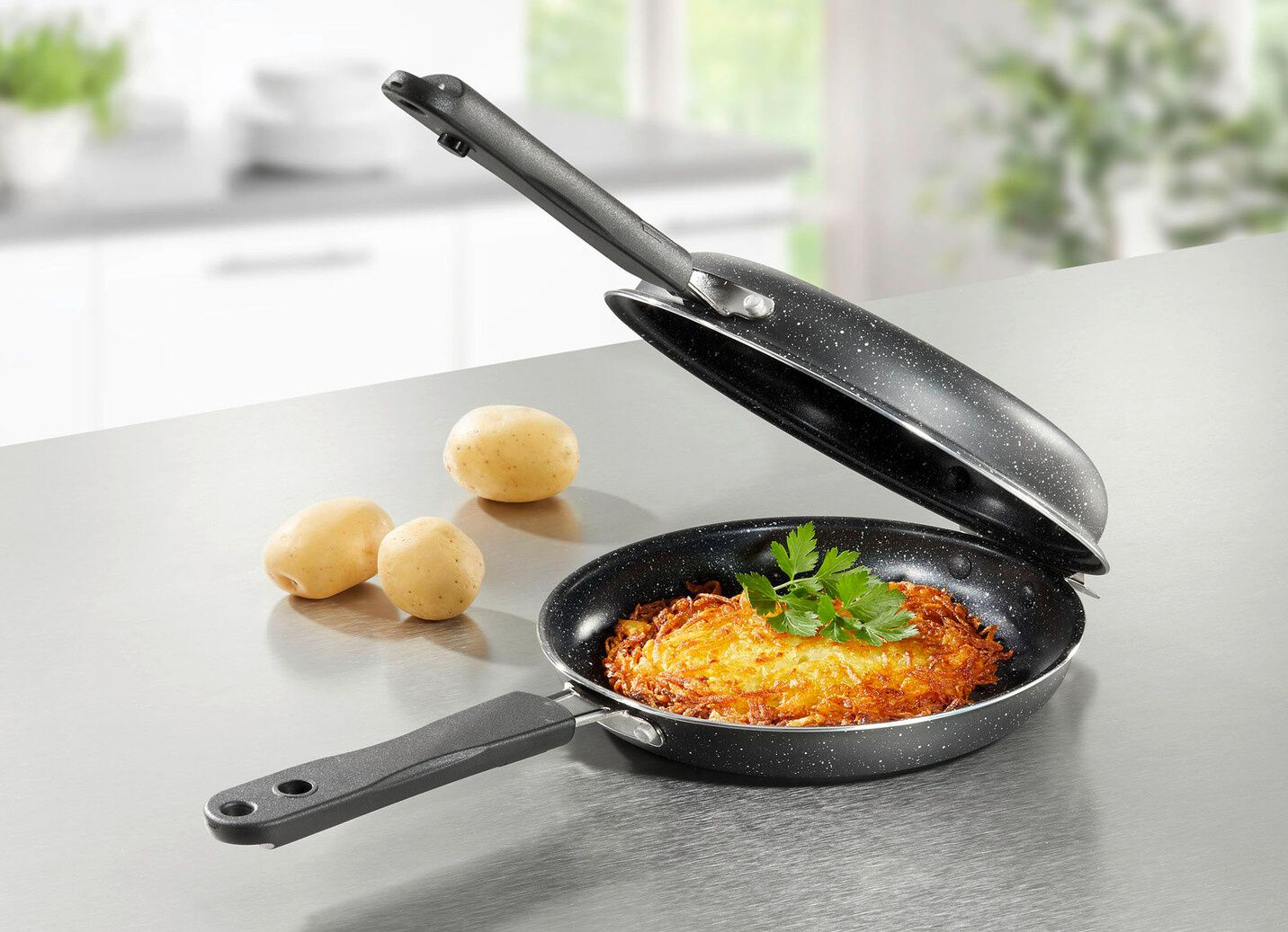 Doppelpfanne mit Antihaftbeschichtung – perfekt für Rösti, Pfannkuchen und Omelett