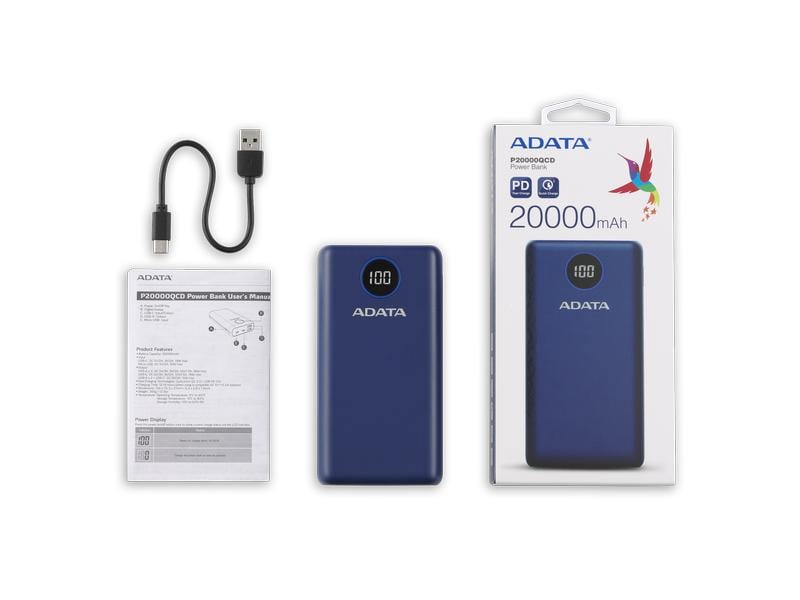 ADATA Powerbank P20000QCD (20000 mAh, USB-A, USB-C, Display Powerbank mit hoher Kapazität, modernen Schnellladeanschlüssen und Digital-Display