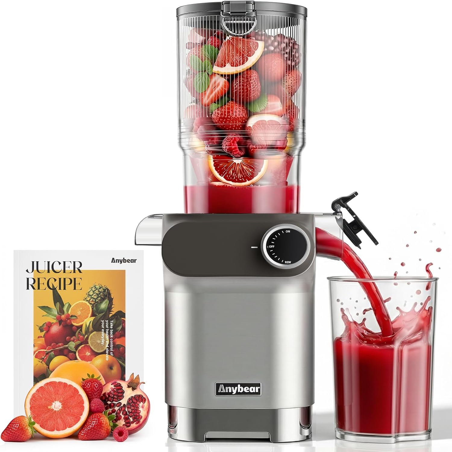 Anybear Entsafter 200W Slow Juicer mit 110 mm großem Einfüllschacht für ganze Früchte/Gemüse | Upgraded Schnecke | Tritan-Material | BPA-frei | Inkl. Saftrezepte (Silbern)